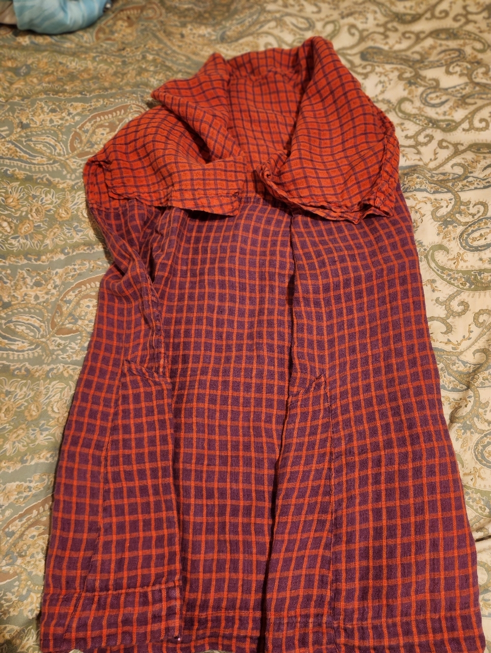 Flax Two-Tone Orange and Purple Checked Pockets Linen Midi Dress Sz. 2G B:54" - Picture 12 of 14